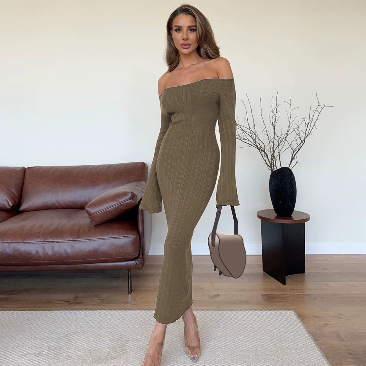 Flfiij | Gusty French Pure Desire One-Shoulder Tight Dress – Waist Slimming & Hip Skirt Long Skirt for Hot Girls