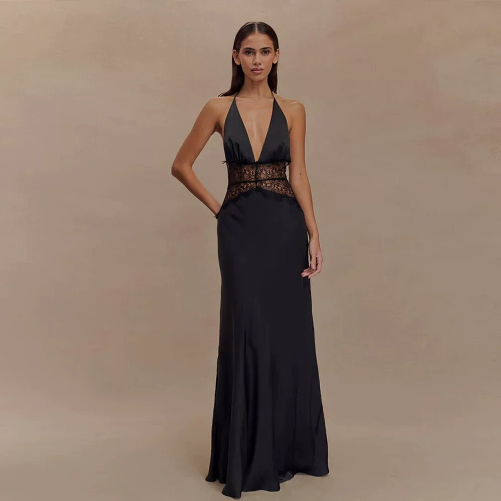 Flfiij | Elegant Deep V Silky Satin Long Dress with Lace Splicing and Halter Neck for Evening Events