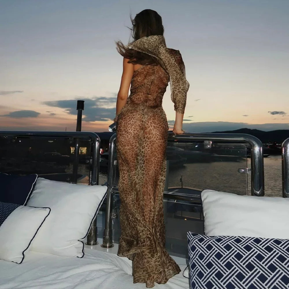 Flfiij | European & American Style Leopard Print See-Through Slanted Shoulder Dress – Sexy Long Sleeve Hottie Bikini Cover-Up Long Skirt for Women