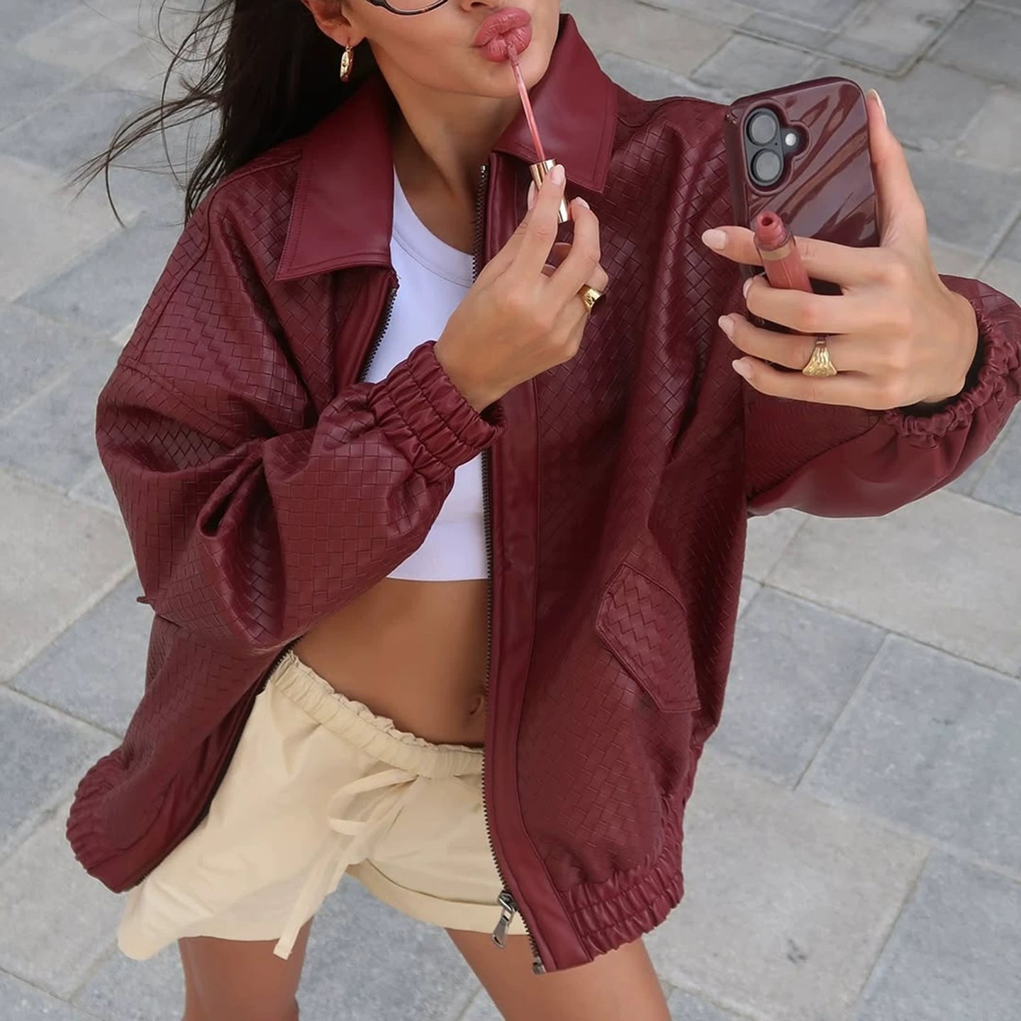 Flfiij | American Street Hot Girl Retro Woven PU Leather Jacket – Autumn/Winter Zipper Lapel Jacket for Women