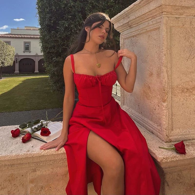 Flfiij | French Retro Red Suspender Dress – European & American Hot Girl Sexy Long Dress with Elegant Style