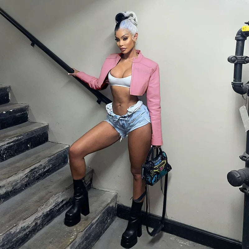 Flfiij | Sexy European & American Short Pink Motorcycle Jacket – Autumn Baseball Uniform Style for Women