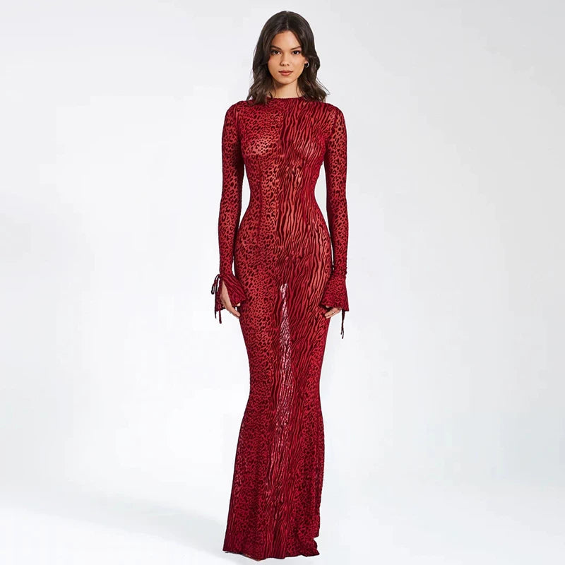 Flfiij | Sexy Leopard Print Mesh Fishtail Dress, See-Through Design for Spring and Summer