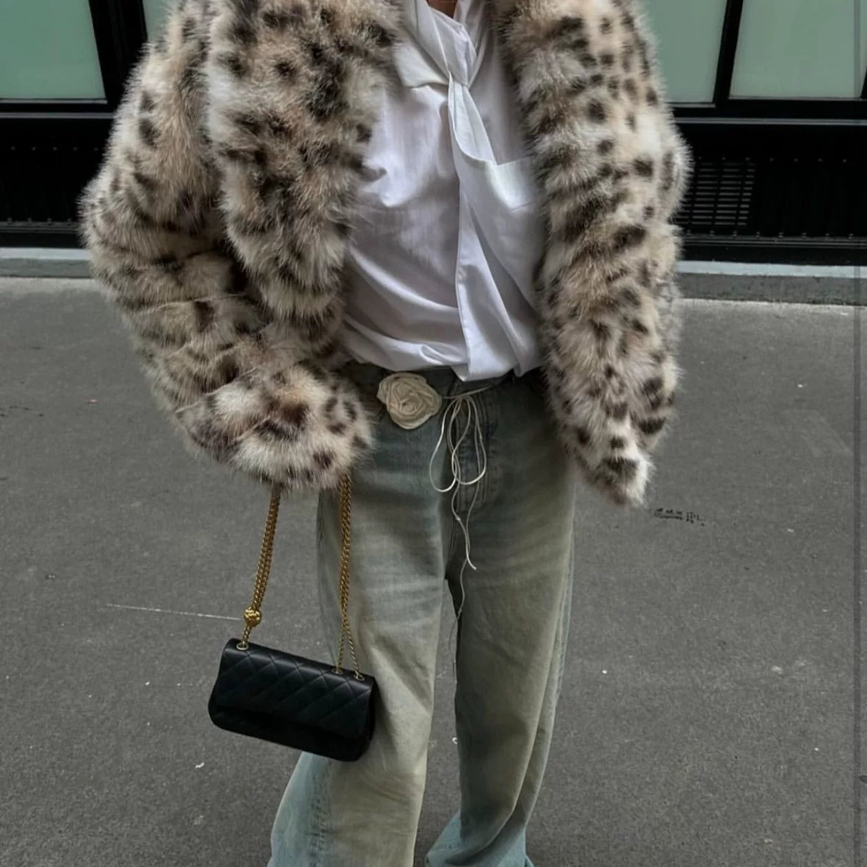 Flfiij | American Retro Leopard Print Fur All-In-One Jacket – Eco-Friendly Furry Hot Girl Coat