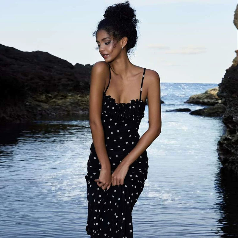 Flfiij | Sylcue Polka Dot Printed Suspender Dress – Waist Slimming & Sexy Long Skirt for Hot Girls