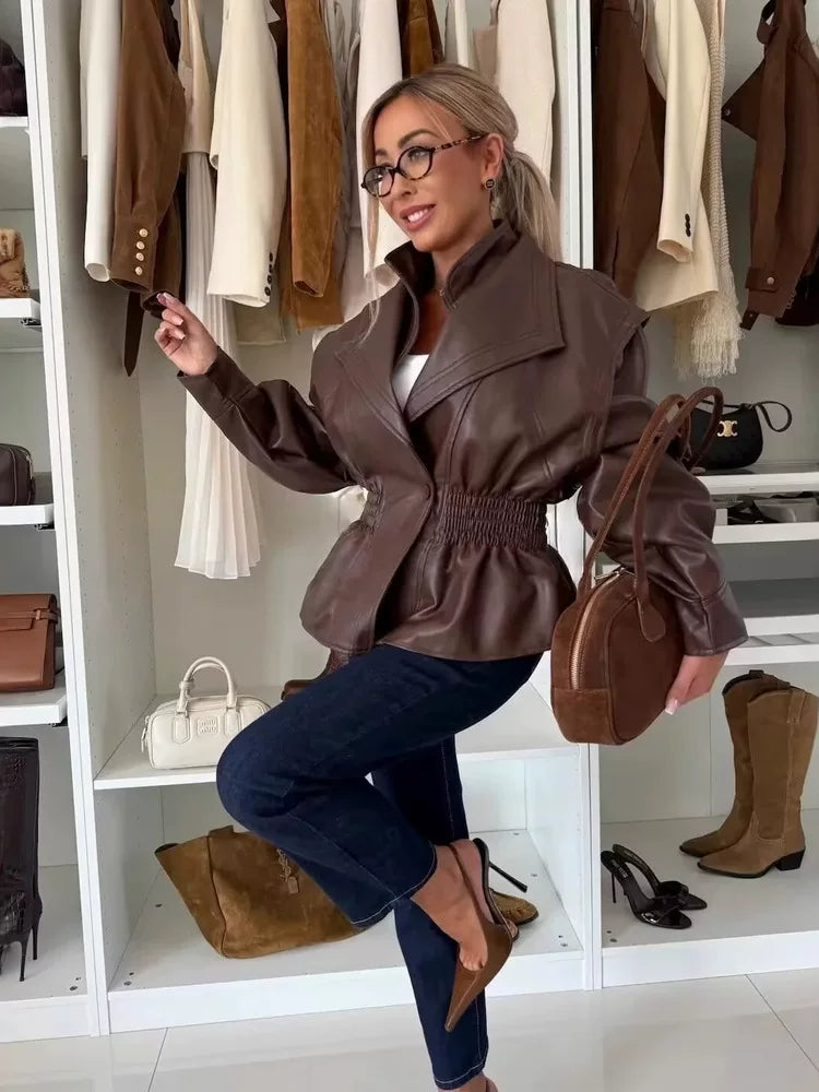 Flfiij | British Style Distressed Imitation Leather Jacket – American Retro High-End Slimming Waist Fake Two-Piece Look