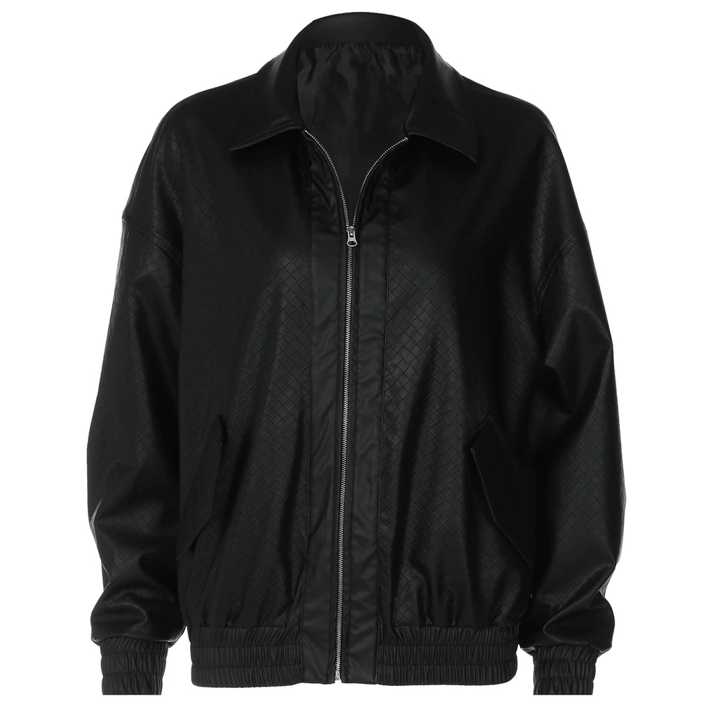 Flfiij | American Street Hot Girl Retro Woven PU Leather Jacket – Autumn/Winter Zipper Lapel Jacket for Women