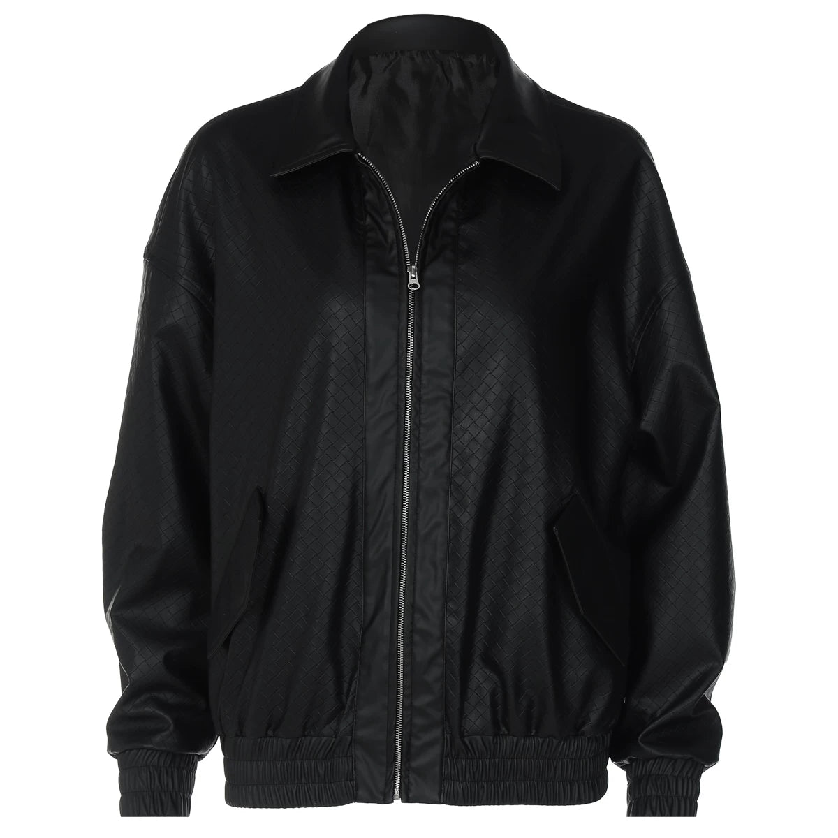 Flfiij | American Street Hot Girl Retro Woven PU Leather Jacket – Autumn/Winter Zipper Lapel Jacket for Women