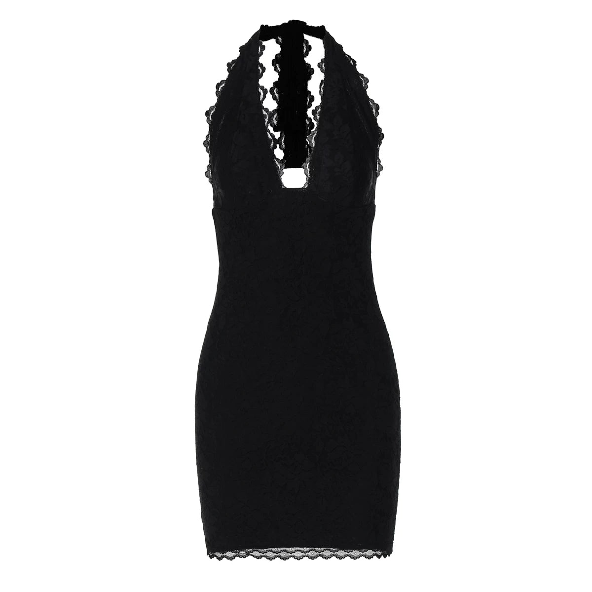 Flfiij | Sexy Lace Splicing Deep V-Neck Backless Halter Dress for Women