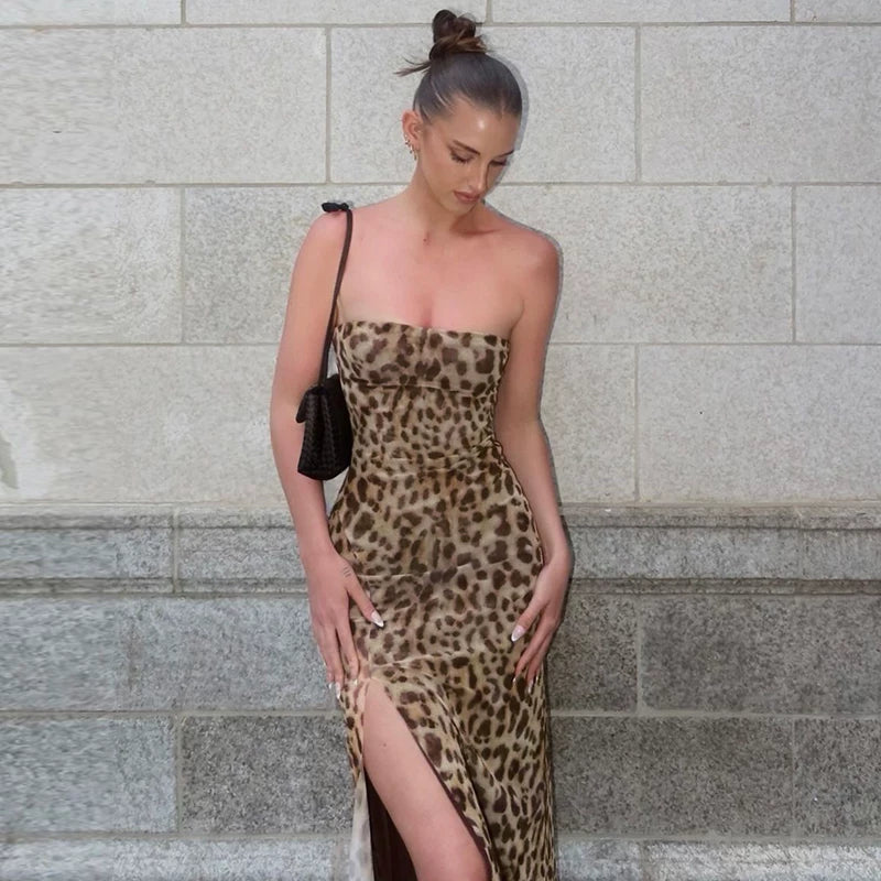 Flfiij | Beach Resort Style Leopard Print Tube Top Dress – 2024 Summer Hot Girl Slim Hip-Covering Slit Long Skirt