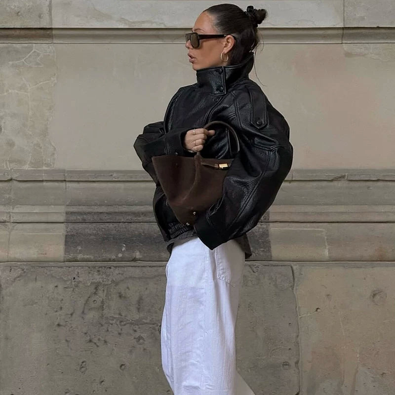 Flfiij | Women's Black PU Leather Motorcycle Jacket – Loose Fit Cool & Handsome Autumn/Winter Style