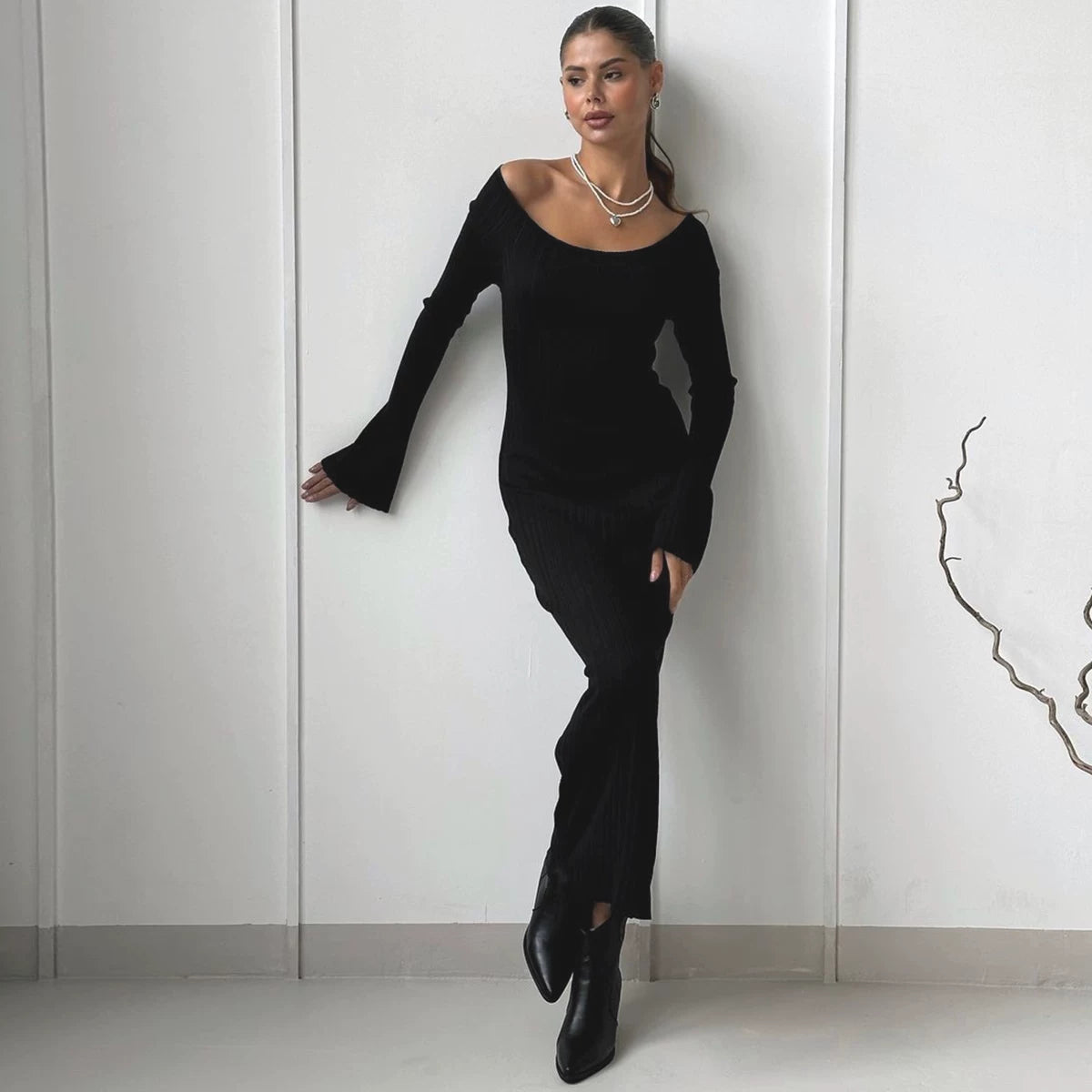 Flfiij | Gusty French Pure Desire One-Shoulder Tight Dress – Waist Slimming & Hip Skirt Long Skirt for Hot Girls