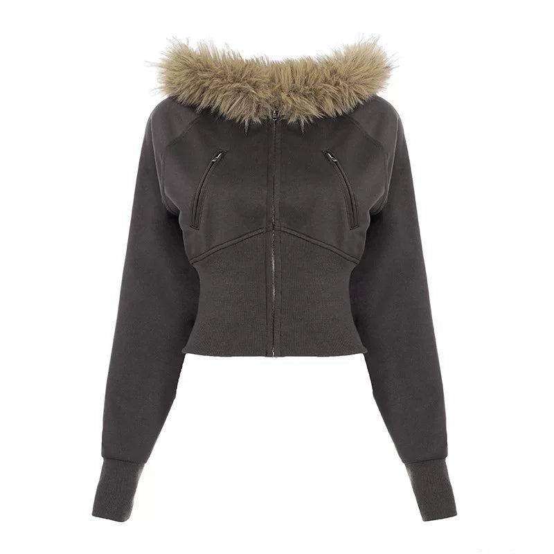 Flfiij | Women's Slimming Hooded Zipper Sweatshirt with Fur Collar