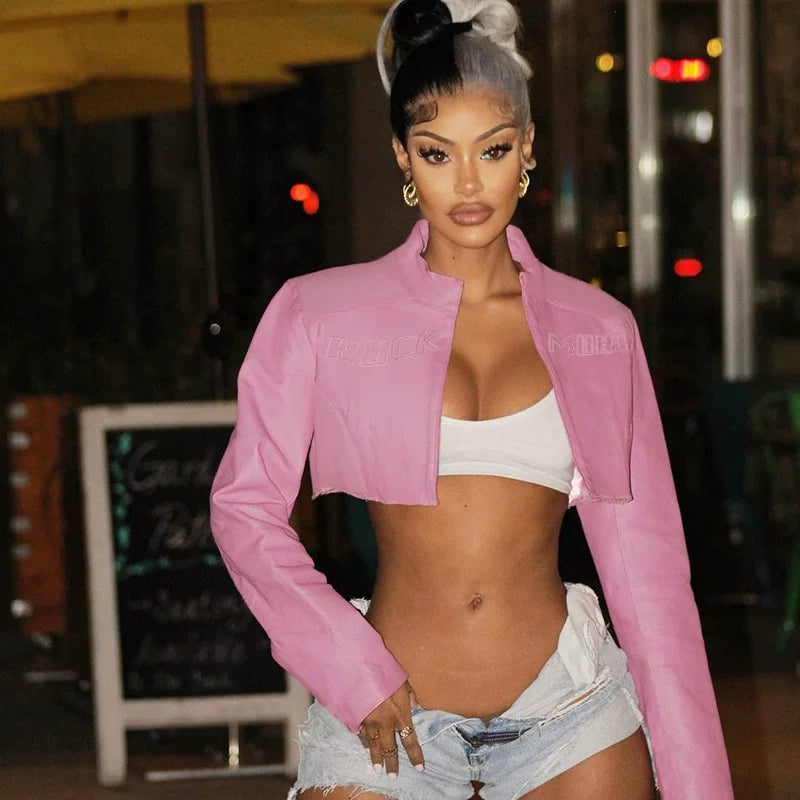 Flfiij | Sexy European & American Short Pink Motorcycle Jacket – Autumn Baseball Uniform Style for Women