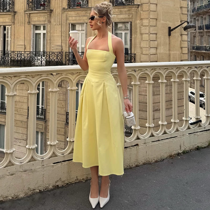 Flfiij | Shemoda High-Waisted Slim Halterneck Dress – European & American Style One-Line Collar with Back Zipper and Swing Long Skirt for Women