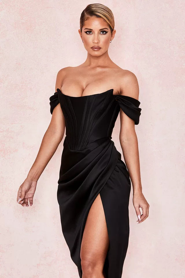 Flfiij | One-Shoulder Irregular High-Waisted Fishbone Tube Top Silk Party Dress – Birthday & Evening Wear
