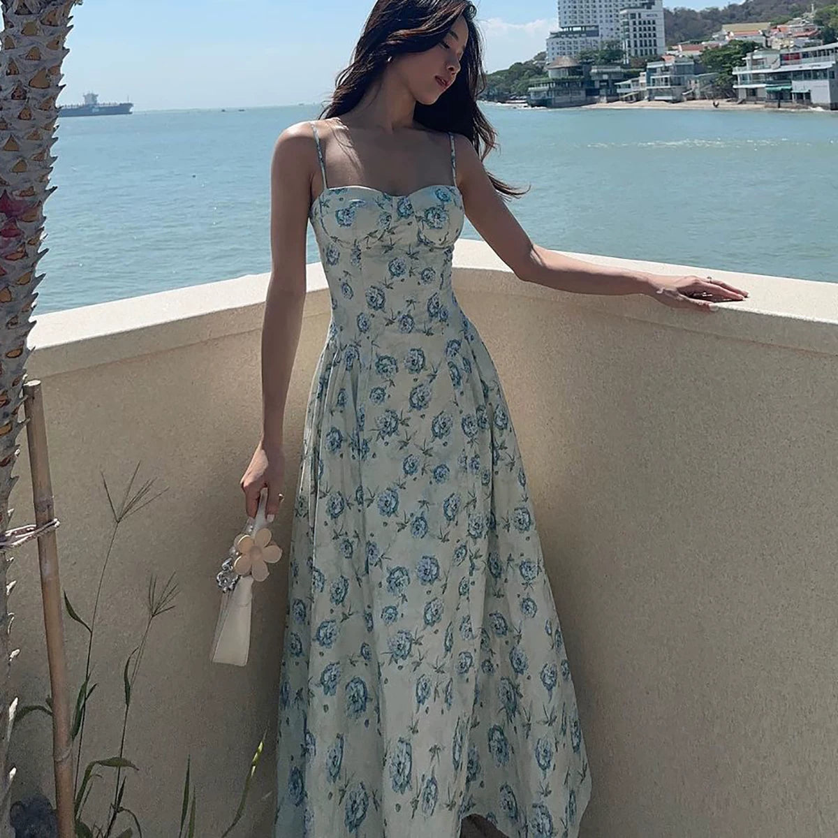 Flfiij | Shemoda European & American Style Floral Backless Suspender Dress – High Waist Splicing Slimming Knee-Length Long Skirt for Women