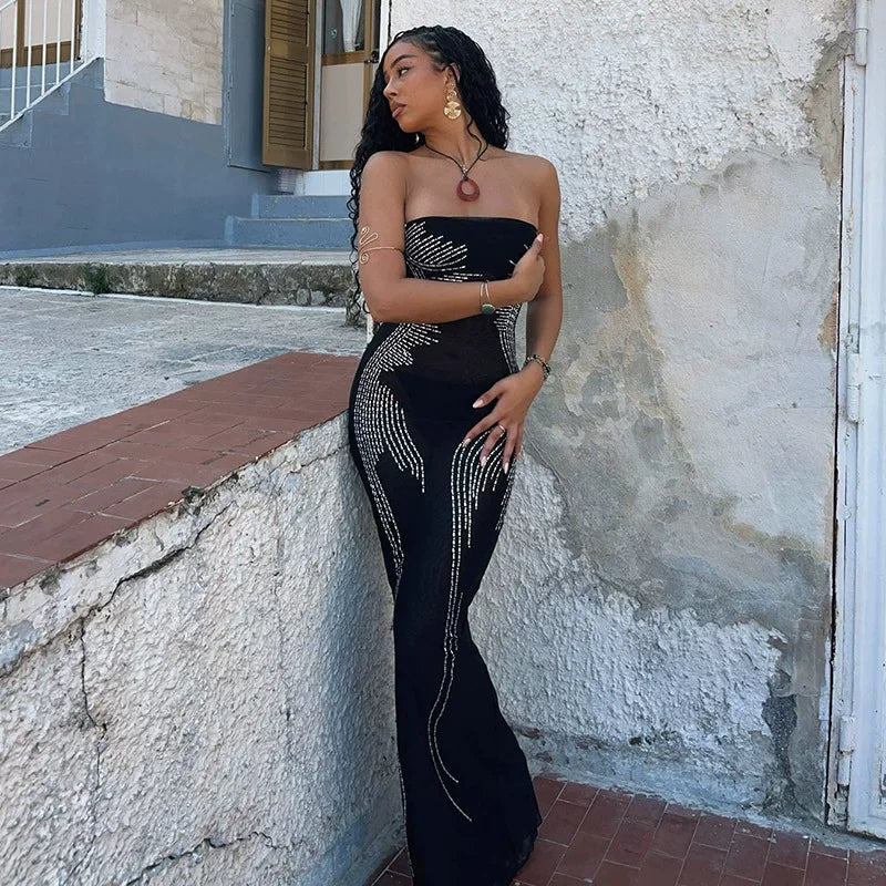 Flfiij | Ahagaga Sexy One-Shoulder Tube Top Backless Dress – European & American Style Hot Diamond Slit Hip-Covering Long Skirt for Hotties