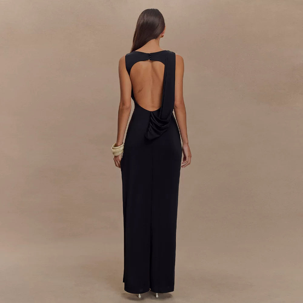 Flfiij | Sexy Backless Milk Silk Dress with One-Line Collar and High Slit