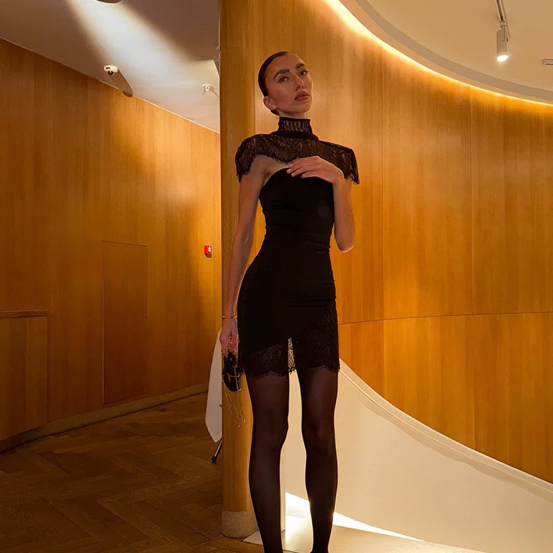 Flfiij | Elegant Black Slimming Women’s Dress, Lace Turtleneck Two-Piece Set