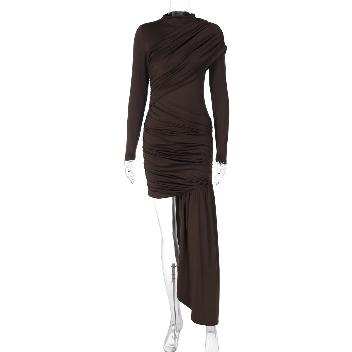 Flfiij | High-End Royal Sister Style Oblique Shoulder Pleated Long-Sleeved Dress, Hip-Hugging Irregular Skirt  Description 1: