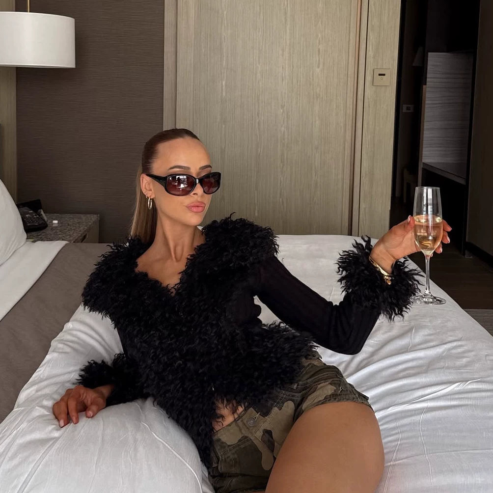 Flfiij | European & American Sexy V-Neck Short Cardigan Jacket with Furry Cuffs for Women