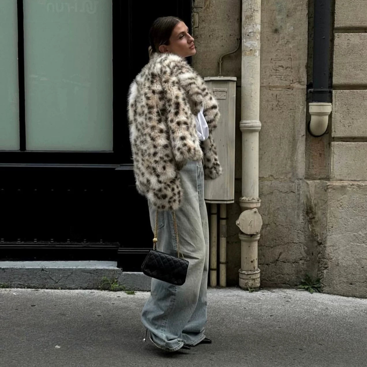 Flfiij | American Retro Leopard Print Fur All-In-One Jacket – Eco-Friendly Furry Hot Girl Coat