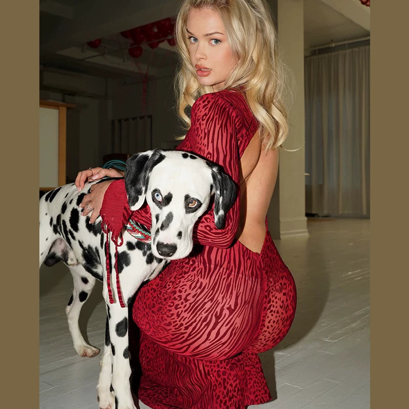 Flfiij | Sexy Leopard Print Mesh Fishtail Dress, See-Through Design for Spring and Summer