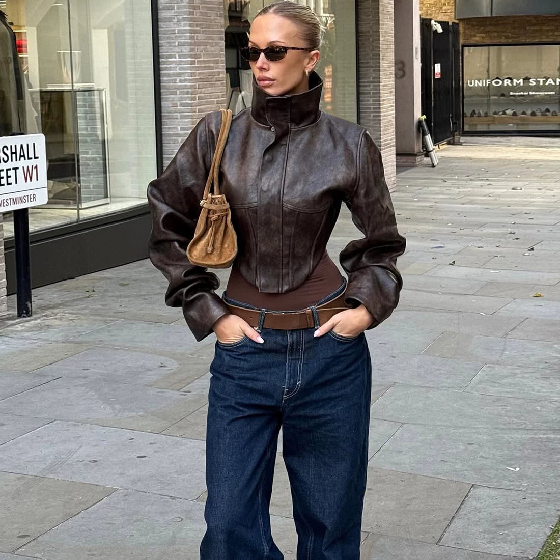 Flfiij | Street Punk Motorcycle PU Leather Jacket for Women – Irregular Long Sleeves & Stand Collar Design