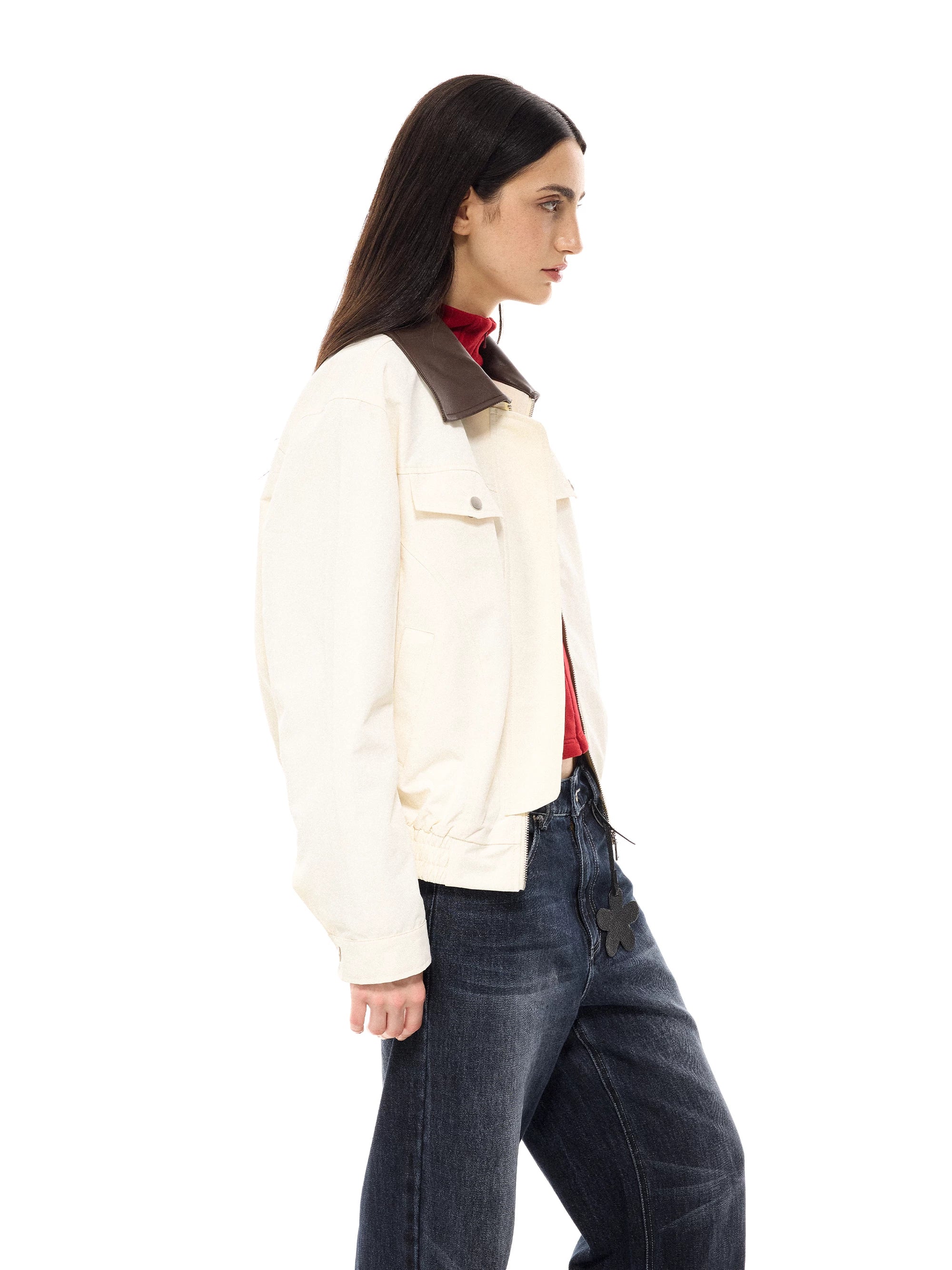 Flfiij | American Retro White Loose Contrast Leather Lapel Jacket for Women