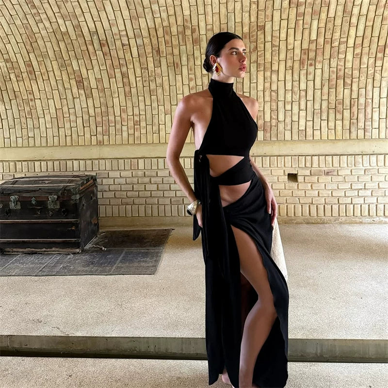 Flfiij | Sexy Backless Halterneck Dress with High Slit, Slim Long Skirt for Women