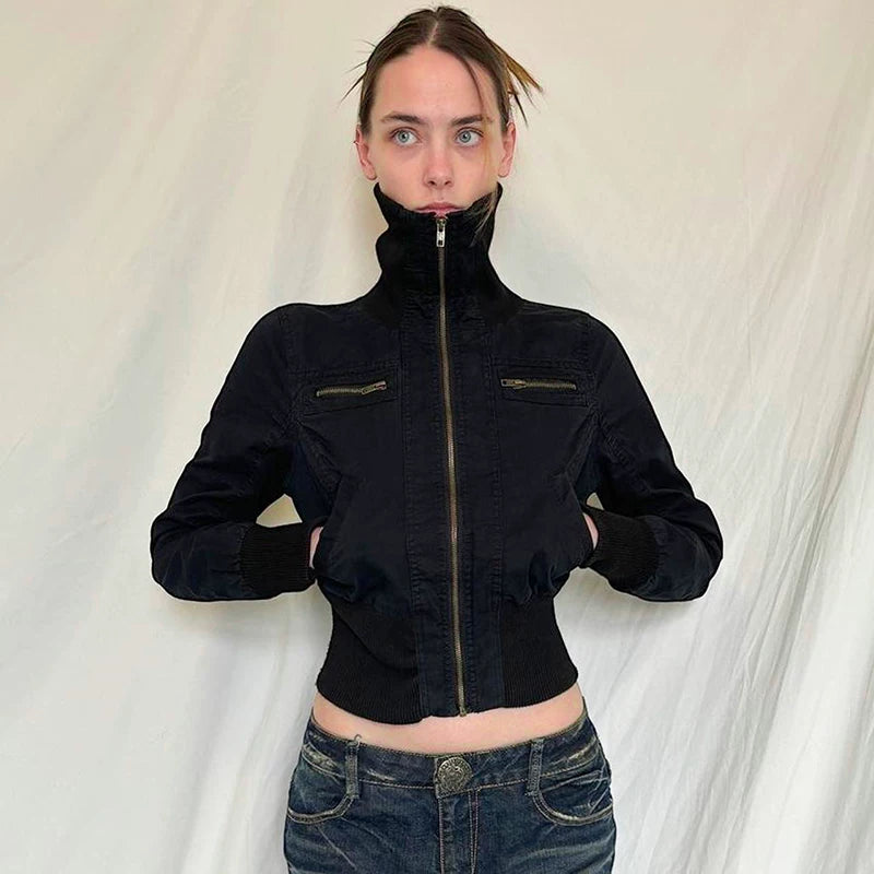 Flfiij | "Cyber Warrior" High Collar Metal Zipper Short Jacket for Women – Trendy Unisex Elastic Waist Design