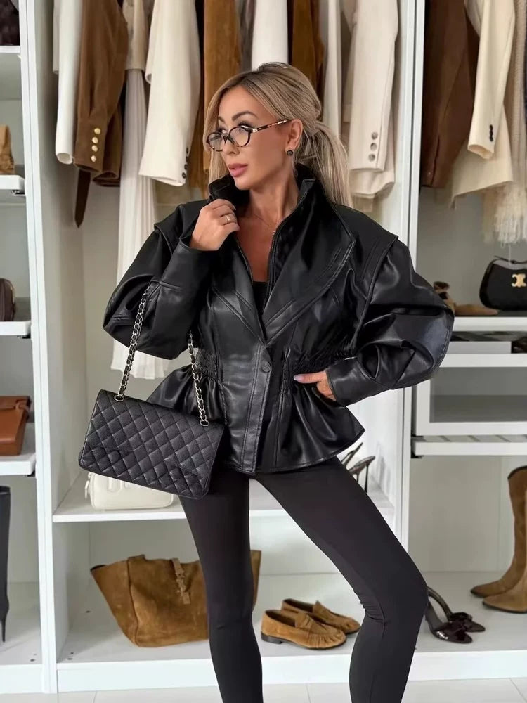 Flfiij | British Style Distressed Imitation Leather Jacket – American Retro High-End Slimming Waist Fake Two-Piece Look