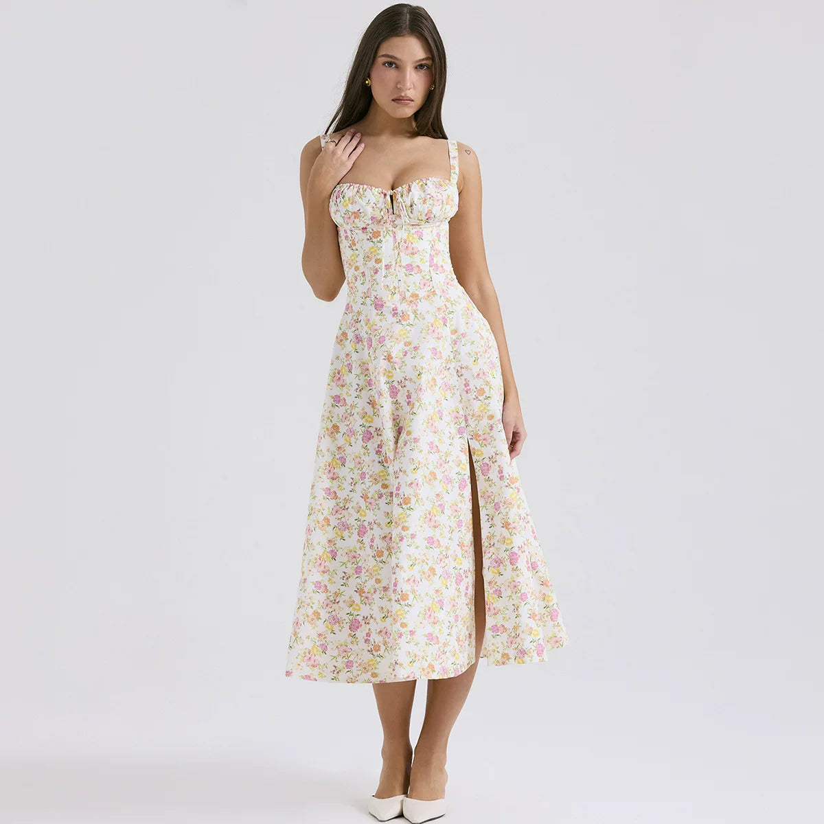 Flfiij | European & American Summer Dress – Slim Floral Slit Skirt with Hollow Backless Suspender Design for Women