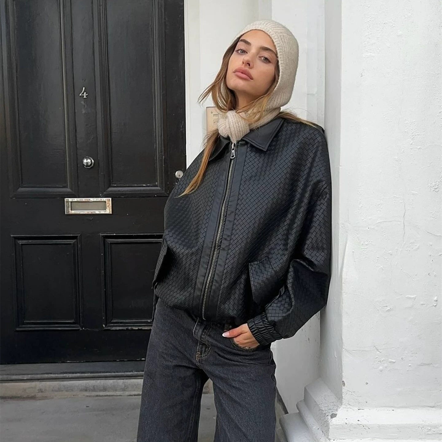 Flfiij | American Street Hot Girl Retro Woven PU Leather Jacket – Autumn/Winter Zipper Lapel Jacket for Women