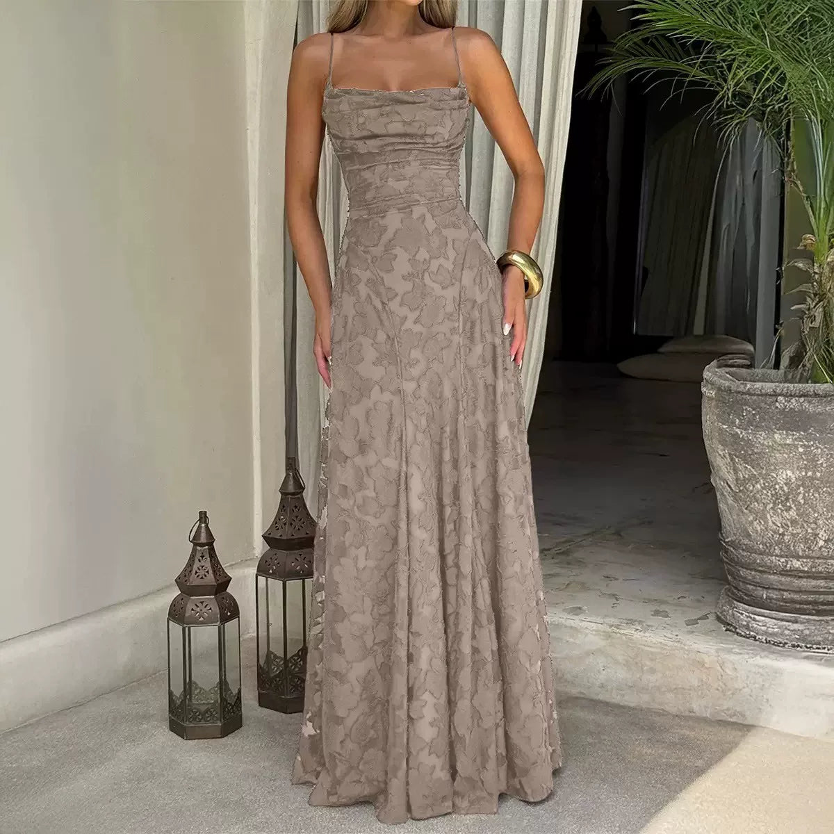 Flfiij | Sexy Jacquard Backless Floor-Length Dress for Women, Square Neck and Waist-Tightening Design