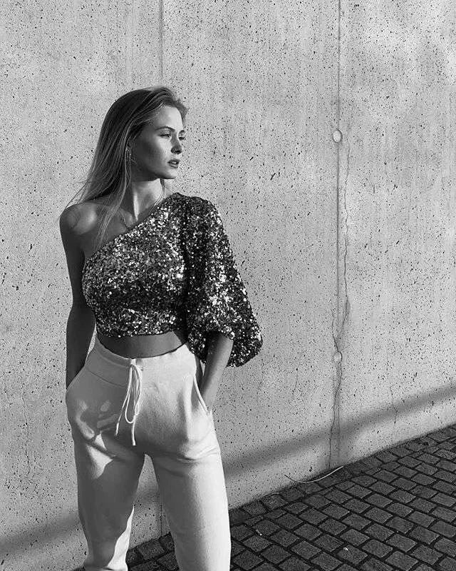 Flfiij | European & American Style Sequin Backless One-Shoulder Top – Mini Asymmetrical Sleeve for Dinner & Birthday Parties