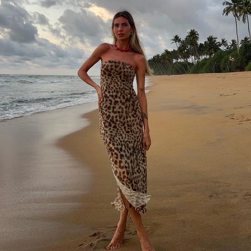 Flfiij | Beach Resort Style Leopard Print Tube Top Dress – 2024 Summer Hot Girl Slim Hip-Covering Slit Long Skirt
