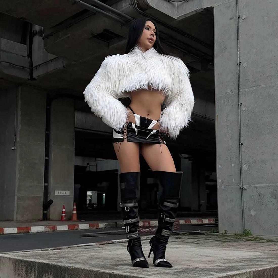Flfiij | Fashionable Imitation Fur Short Coat for Women – Navel-Baring Plush Top