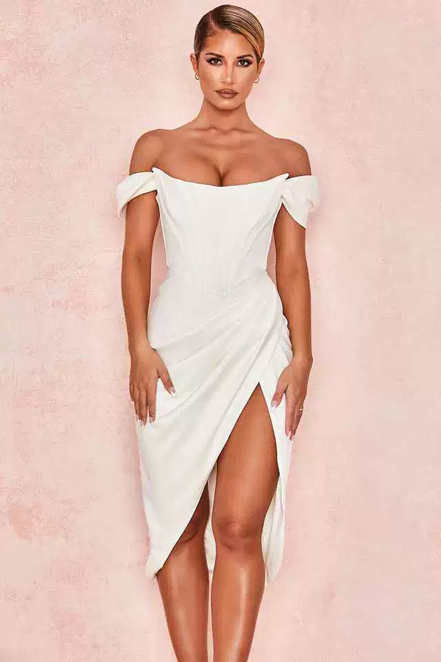 Flfiij | One-Shoulder Irregular High-Waisted Fishbone Tube Top Silk Party Dress – Birthday & Evening Wear