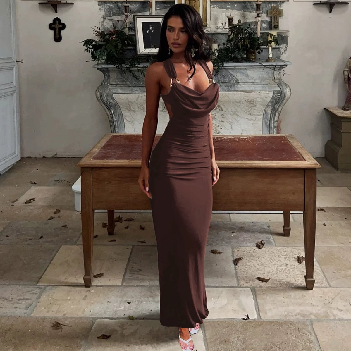 Flfiij | Shemoda European & American Style Sexy Swing Collar Backless Suspender Dress – Pleated High Waist Slim Over-the-Knee Long Skirt for Women