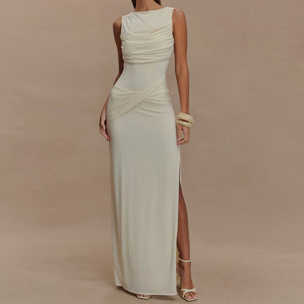 Flfiij | Sexy Backless Milk Silk Dress with One-Line Collar and High Slit
