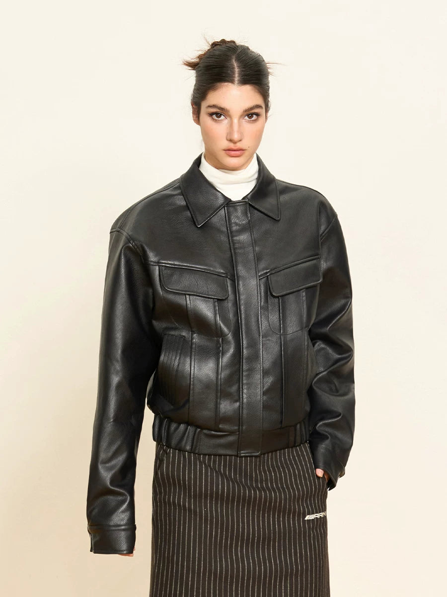 Flfiij | American Retro Short Leather Motorcycle Jacket for Women – Autumn Edition