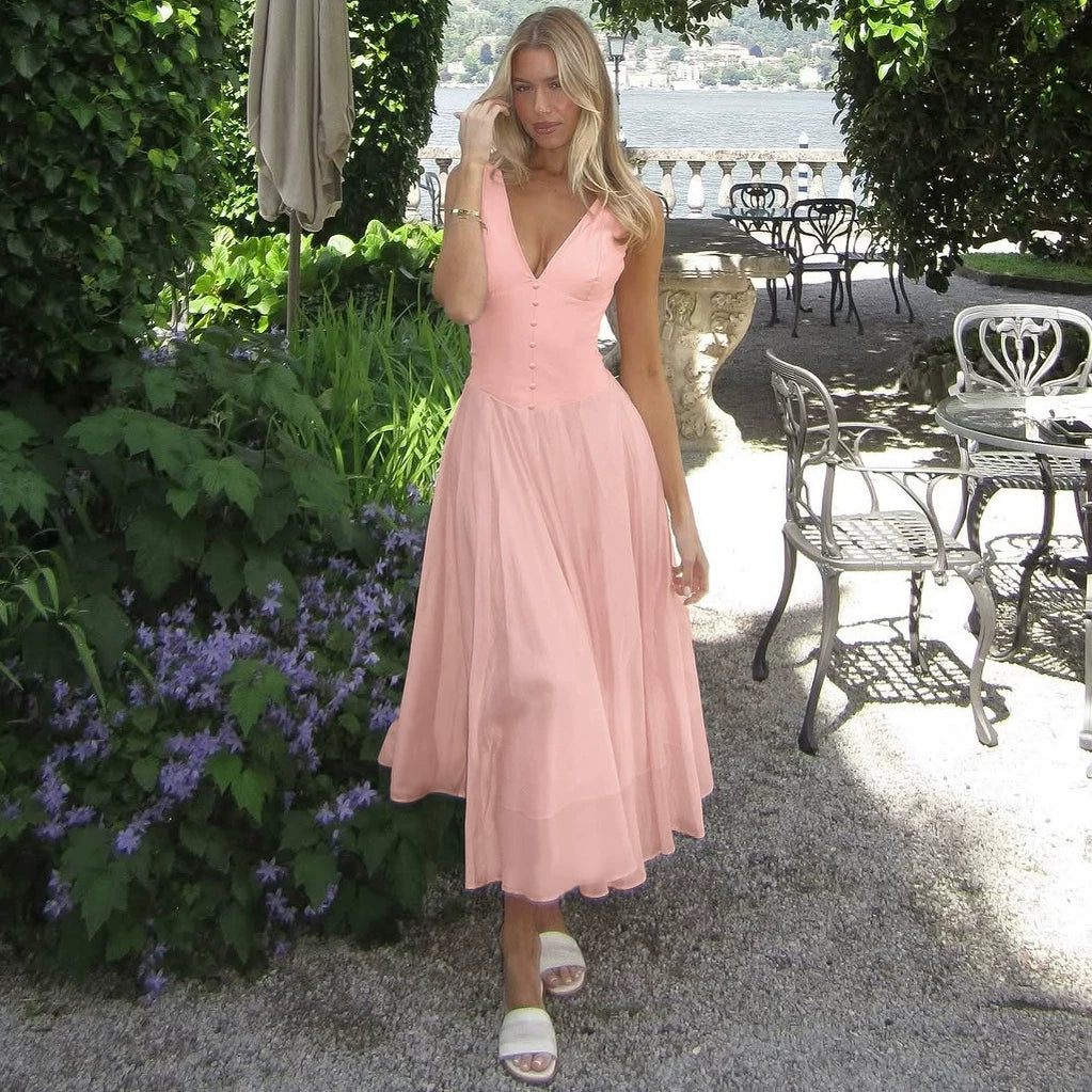 Flfiij | Sexy Deep V-Neck Satin Mesh Splicing Suspender Dress for Women