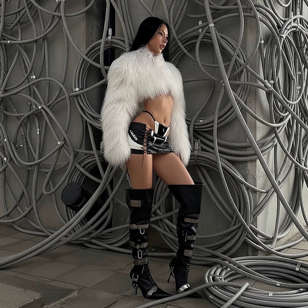 Flfiij | Autumn/Winter Furry Imitation Fur Short Jacket – Navel-Baring Long Sleeve Hot Girl Top for Women