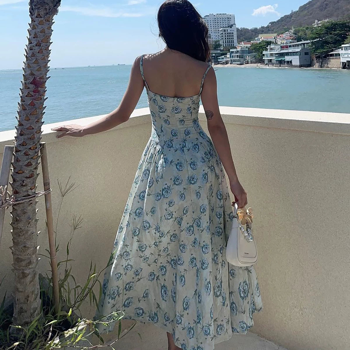 Flfiij | Shemoda European & American Style Floral Backless Suspender Dress – High Waist Splicing Slimming Knee-Length Long Skirt for Women