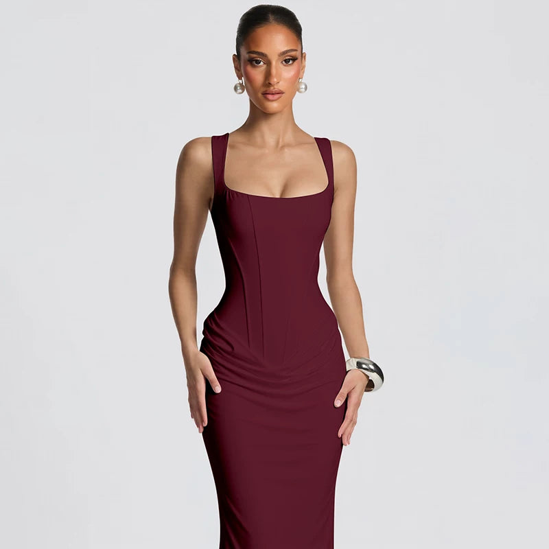 Flfiij | Elegant European and American Hot Girl Style Herringbone Waist Satin Hip-Covering Long Dress