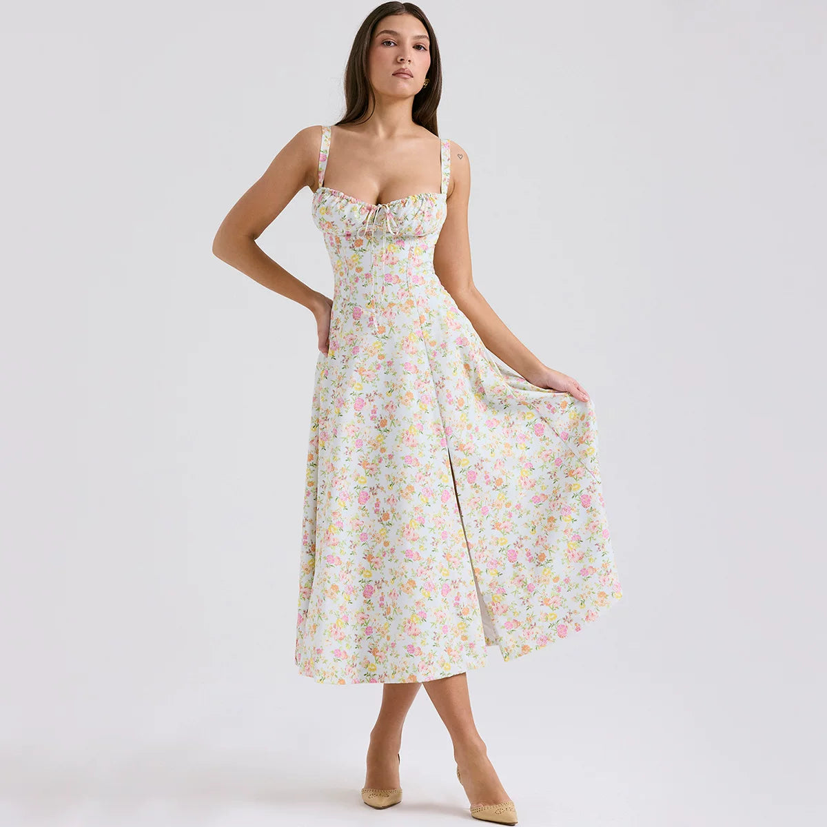Flfiij | European & American Summer Dress – Slim Floral Slit Skirt with Hollow Backless Suspender Design for Women