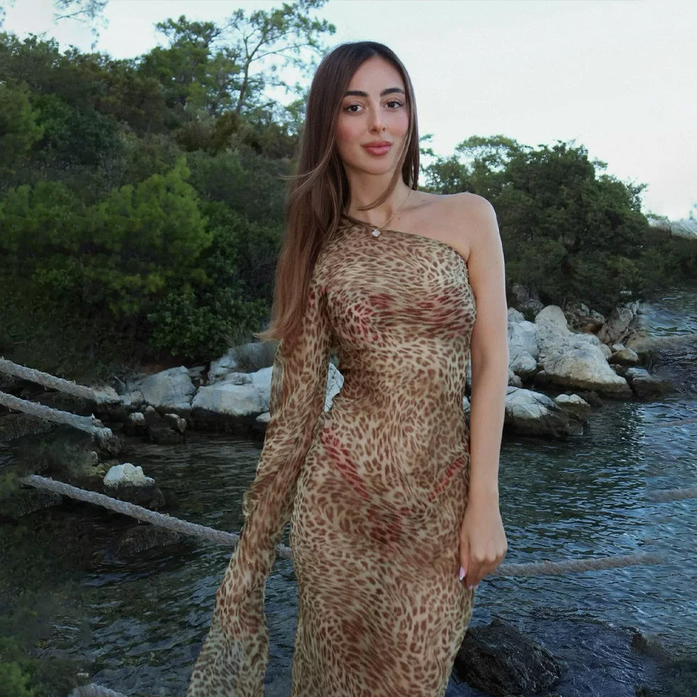 Flfiij | European & American Style Leopard Print See-Through Slanted Shoulder Dress – Sexy Long Sleeve Hottie Bikini Cover-Up Long Skirt for Women