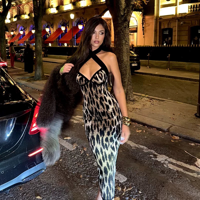 Flfiij | Sexy V-Neck Halterneck Leopard Print Dress with Figure-Flattering Long Skirt